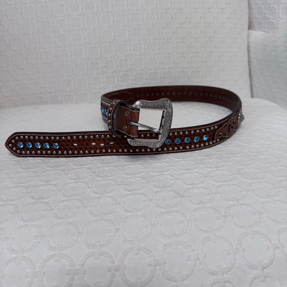 Nocona Brown Leather Belt with Blue Crystal Accents